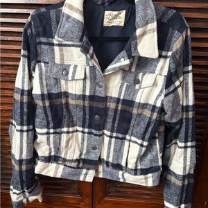 Ashley Outerwear Checkered Jean Jacket - Navy and Cream
